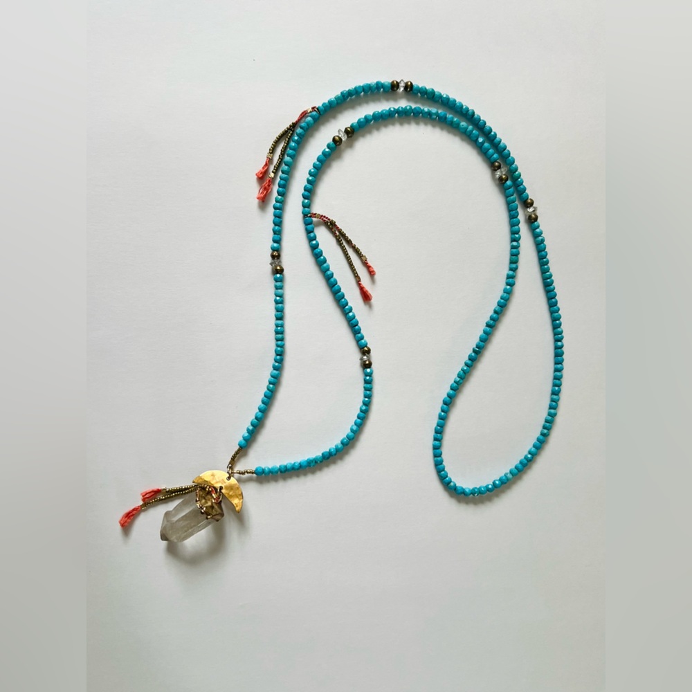 Turquoise Beaded Quartz Crystal Necklace Long Boho Talisman Spiritual Jewelry